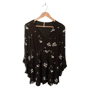 FREE PEOPLE Black + White Embroidered Floral Print Long-Sleeve Dress